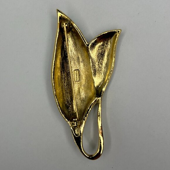 Vintage Signed Trifari Gold Tone Black Enamel Leaf Design 3.1” Brooch Pin - Picture 2 of 5